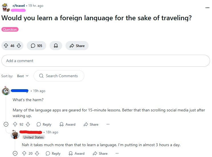 Screenshot of a reddit post where the poster is asking if people would learn a foreign language for the sake of traveling.